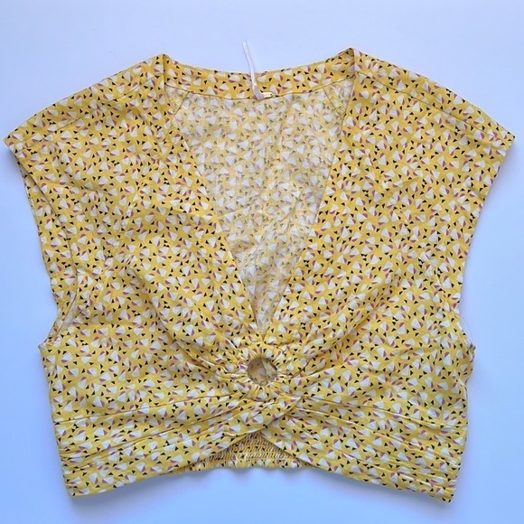 Free People Yellow linen blend Havana Honey Vneck Woven Crop Top Size Small - Picture 2 of 6